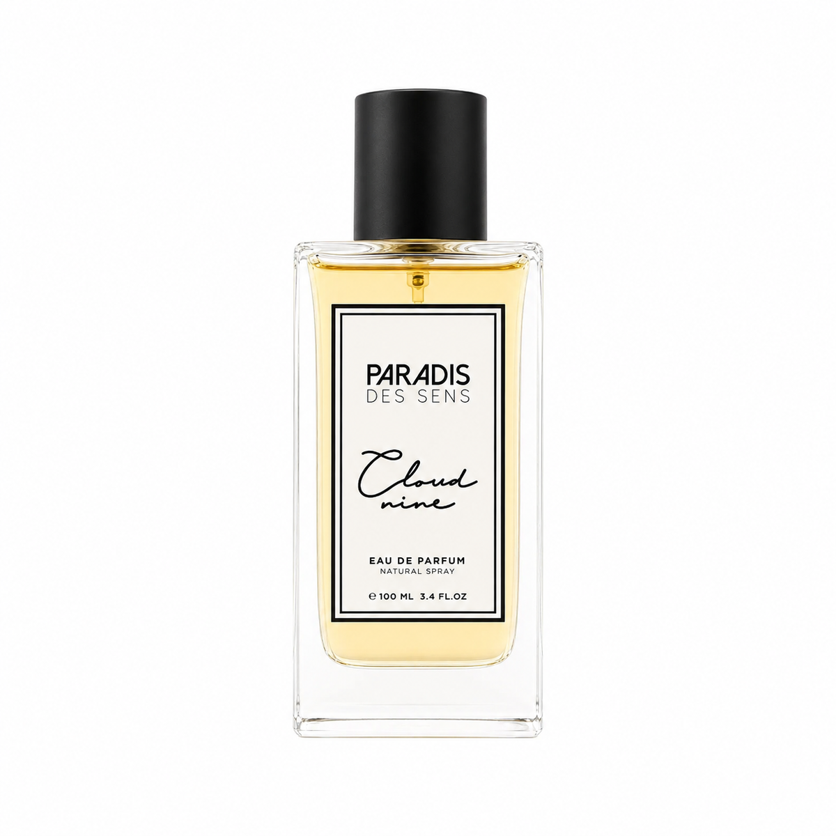 Cloud Nine de Paradis des Sens, eau de parfum 100 ml, flacon transparent au jus ambré de face sur fond blanc.