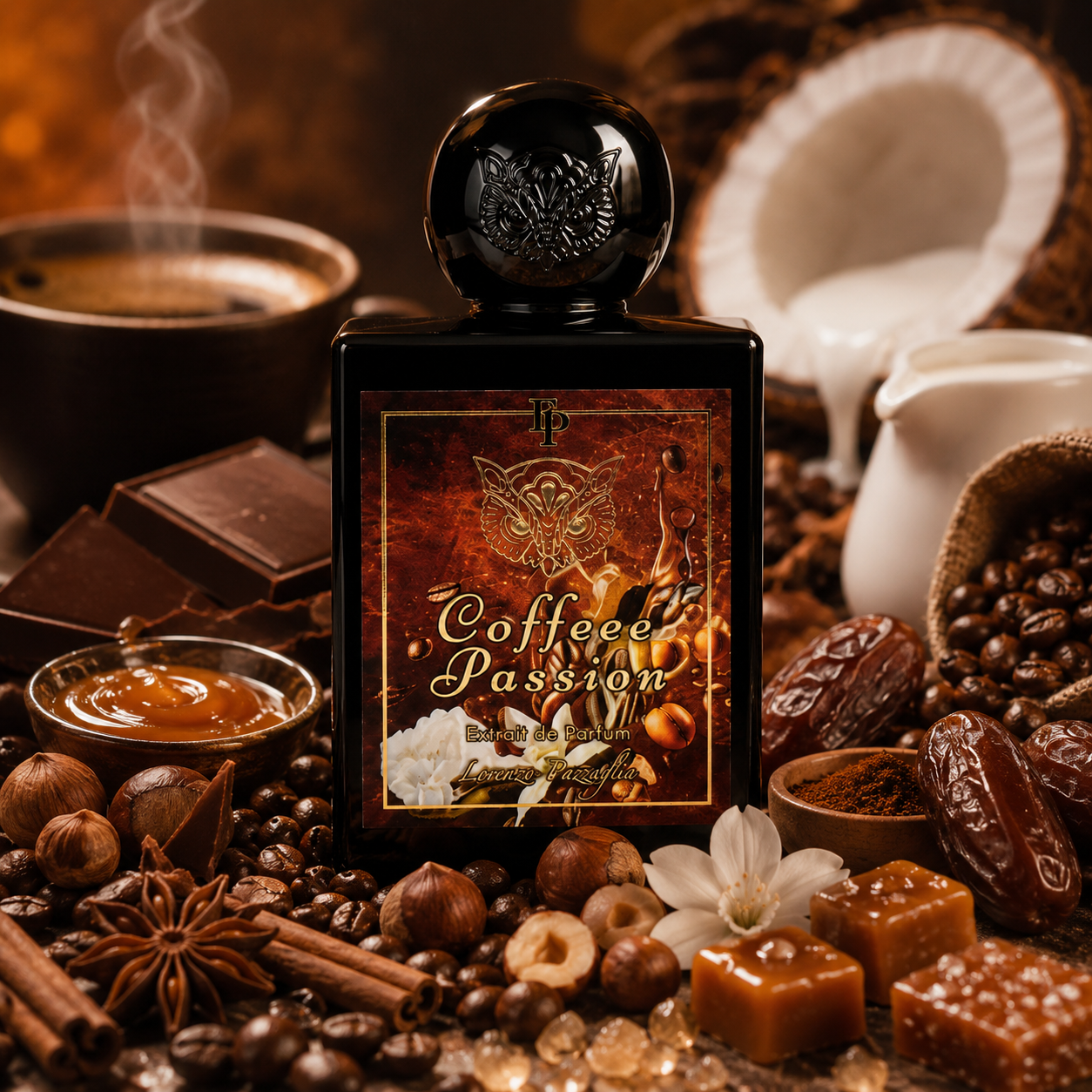 Coffeeee Passion de Lorenzo Pazzaglia, extrait de parfum 50 ml, flacon en ambiance avec café Arabica, grains de café, chocolat noir, caramel, noix de coco, noisettes, dattes, cannelle et vanille.