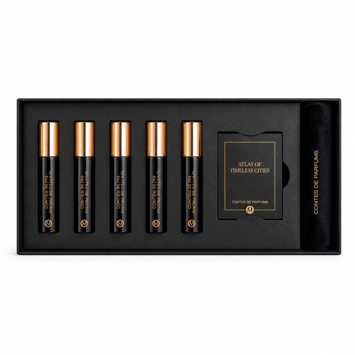 Coffret Timeless Cities de Contes de Parfums, 5 extraits de parfum de 10 ml, vue de dessus sur fond blanc.