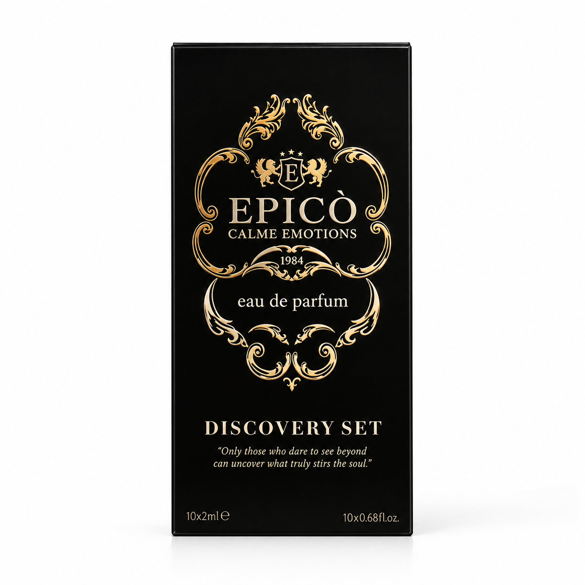 Coffret découverte d'Epicò, 10 échantillons de 2 ml, boîte de face sur fond blanc.