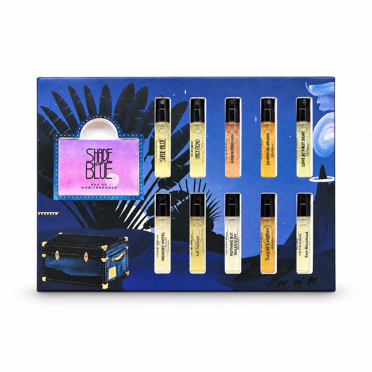 Coffret Découverte de Une Nuit Nomade, 10 eaux de parfum de 2,5 ml, boîte de face sur fond blanc.