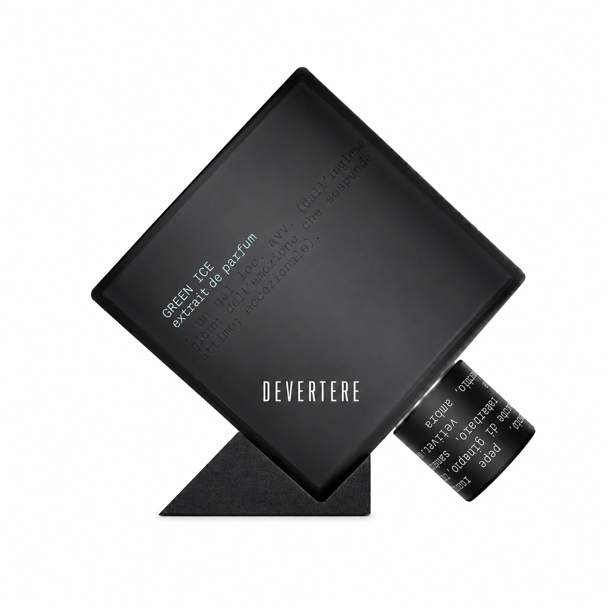 Green Ice de Devertere, extrait de parfum 75 ml, flacon de face sur fond blanc.