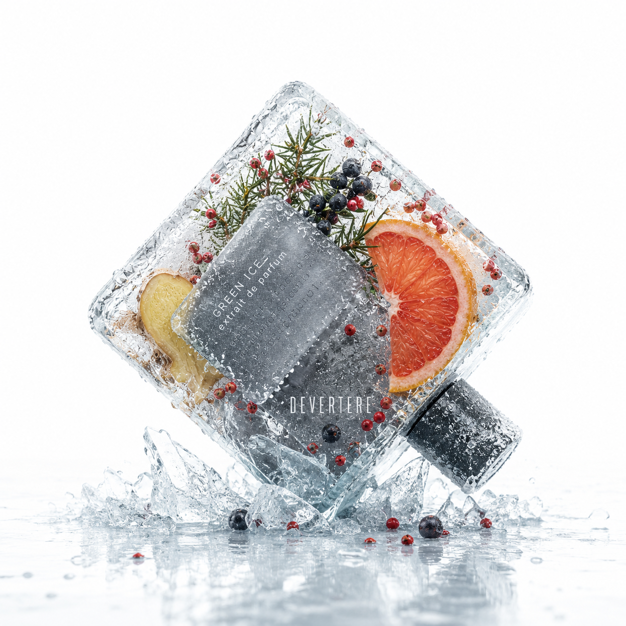 Green Ice de Devertere, extrait de parfum 75 ml, flacon en mise en scène avec glace, pamplemousse et baies de genévrier.