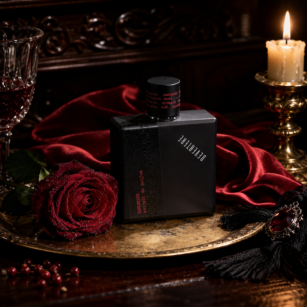Oudonisme de Devertere, extrait de parfum 75 ml, flacon en mise en scène avec rose rouge et velours sur plateau doré.