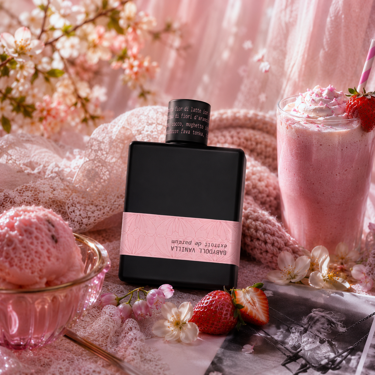Babydoll Vanilla de Devertere, extrait de parfum 75 ml, flacon en mise en scène avec glace à la fraise et fleurs blanches.