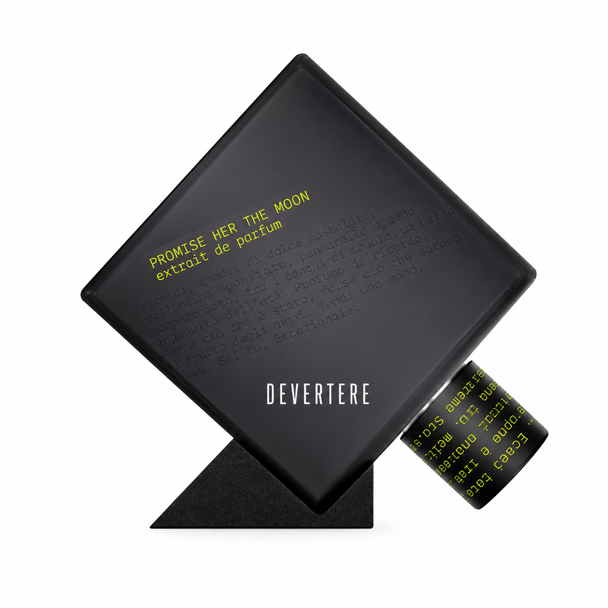 Promise Her the Moon de Devertere, extrait de parfum 75 ml, flacon noir de face sur fond blanc.