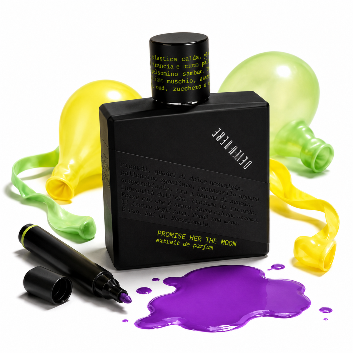 Promise Her the Moon de Devertere, extrait de parfum 75 ml, flacon en mise en scène avec ballons, feutre et encre violette.