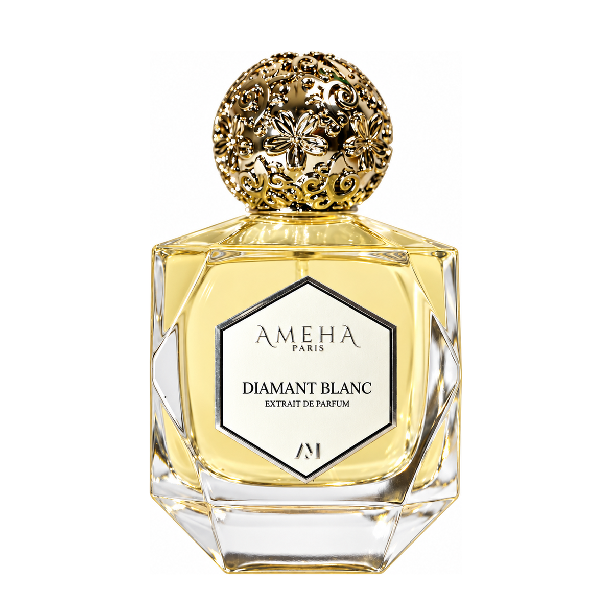 Diamant Blanc d'AMEHA Paris, extrait de parfum 100 ml, flacon octogonal au bouchon doré ciselé, de face sur fond blanc.