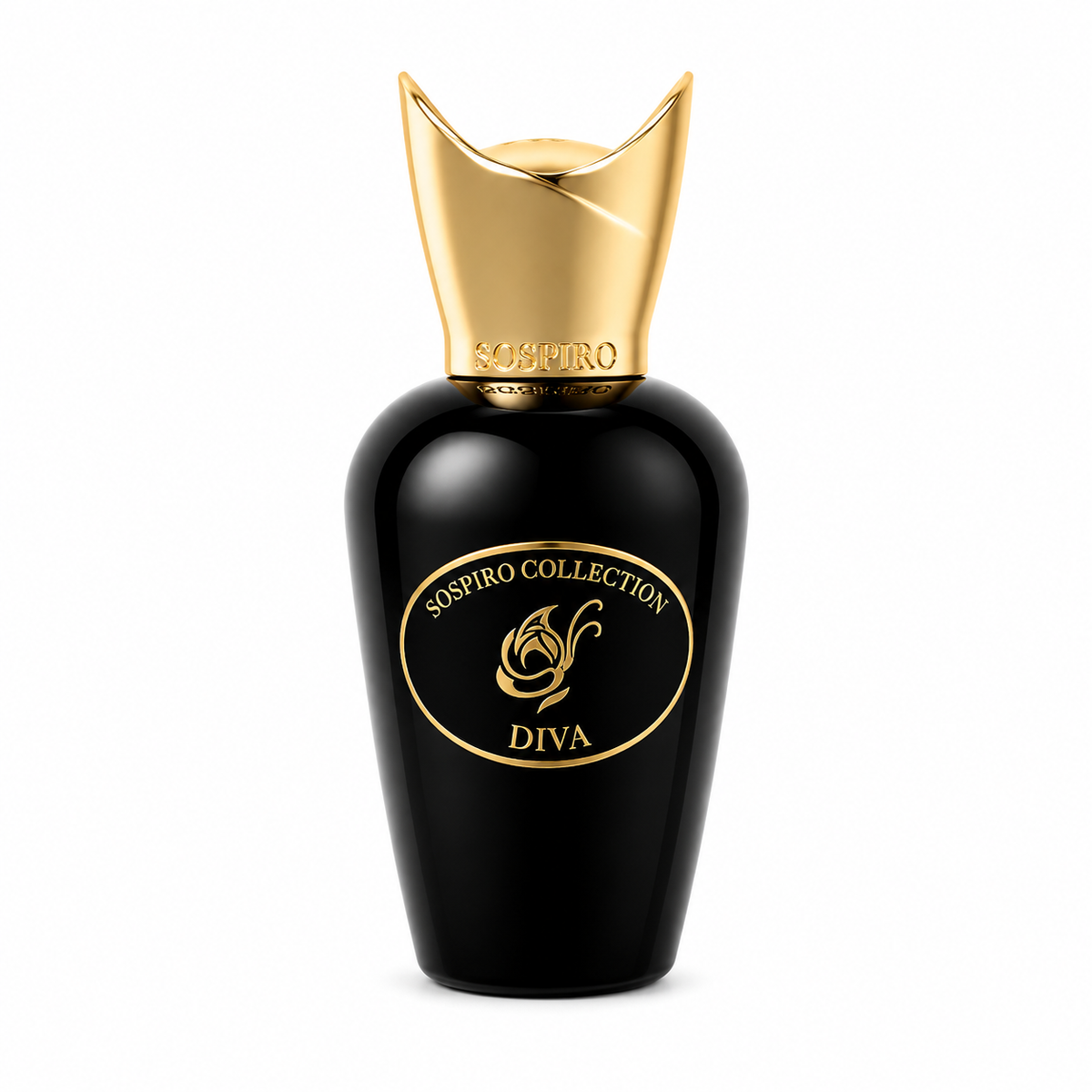Diva de Sospiro, eau de parfum 75 ml, flacon de verre noir laqué de face sur fond blanc.