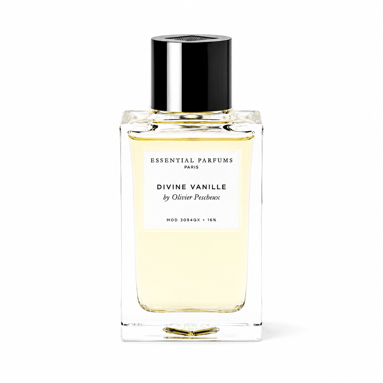 Divine Vanille d'Essential Parfums, eau de parfum 100 ml, flacon de face sur fond blanc.
