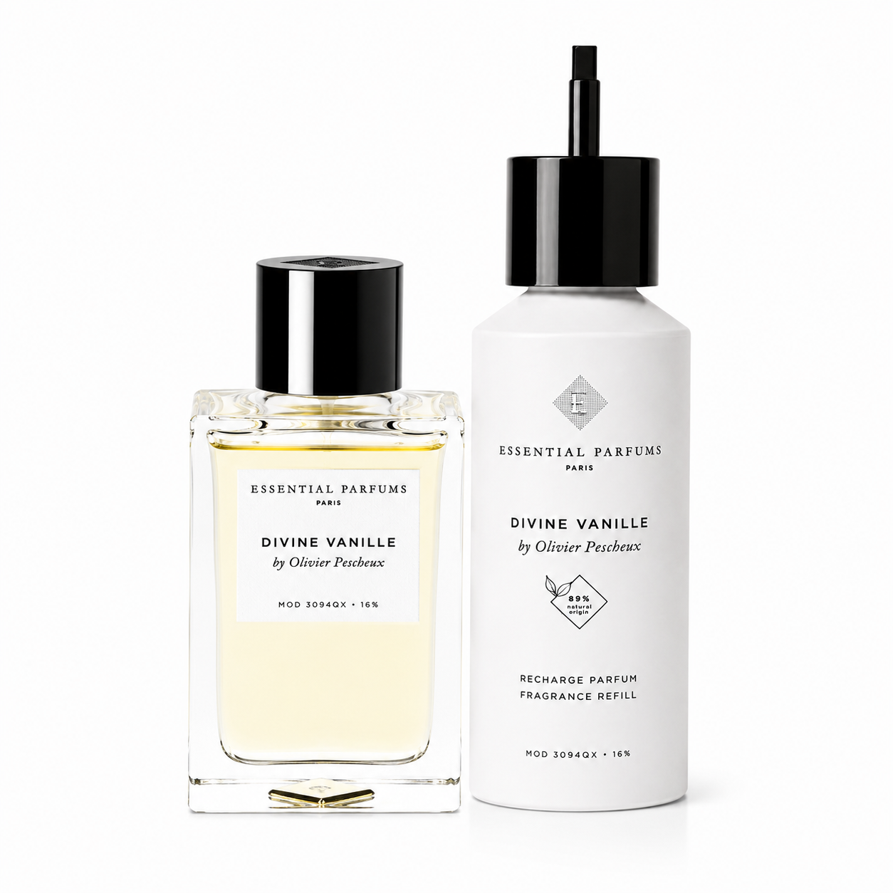 Divine Vanille d'Essential Parfums, eau de parfum 100 ml et recharge parfum 150 ml côte à côte sur fond blanc.