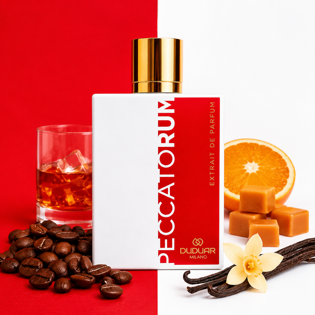 Duduar Milano Peccatorum entouré de whisky, grains de café, orange, caramel et gousses de vanille