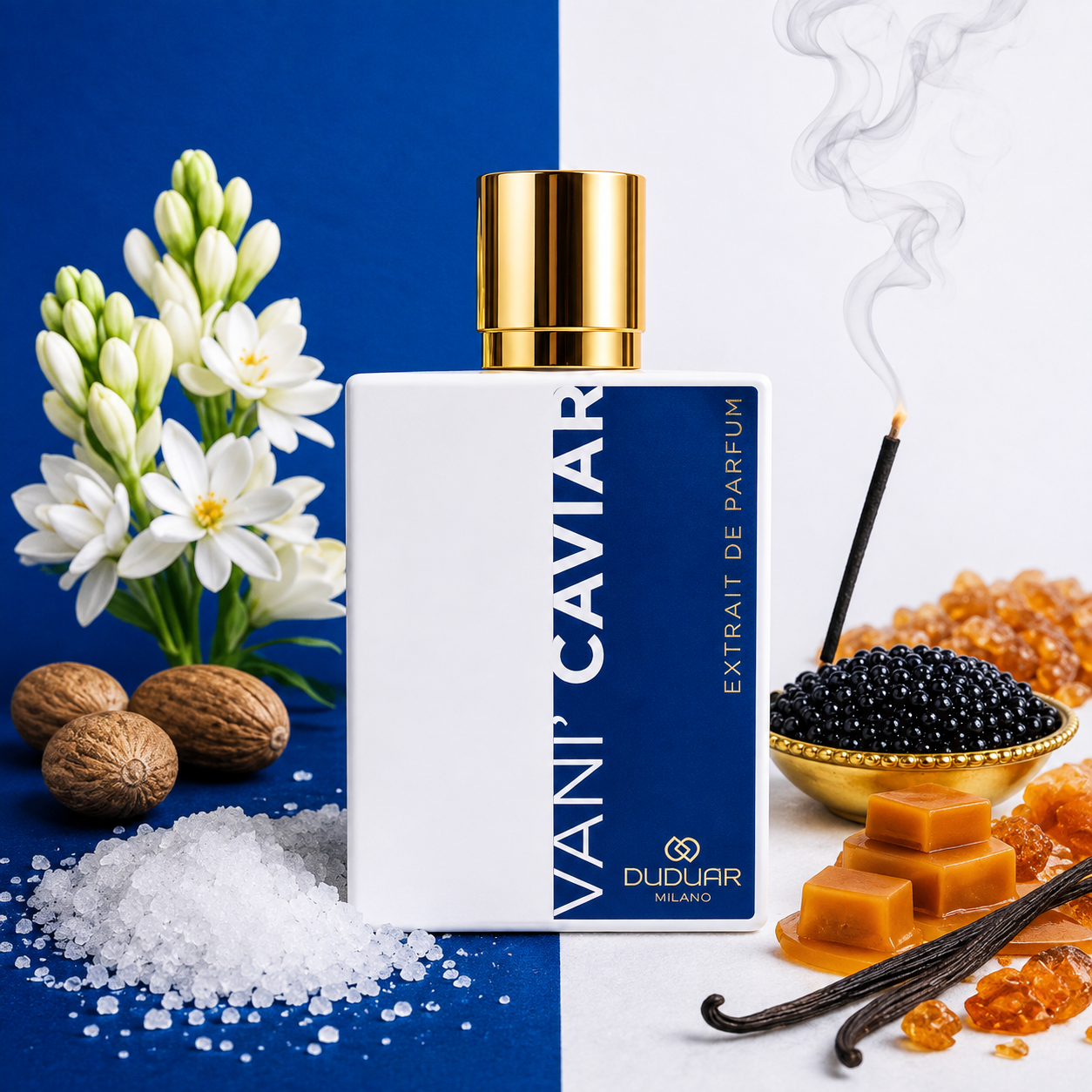 Duduar Milano Vani' Caviar entouré de caviar, tubéreuse, sel, caramel et gousses de vanille