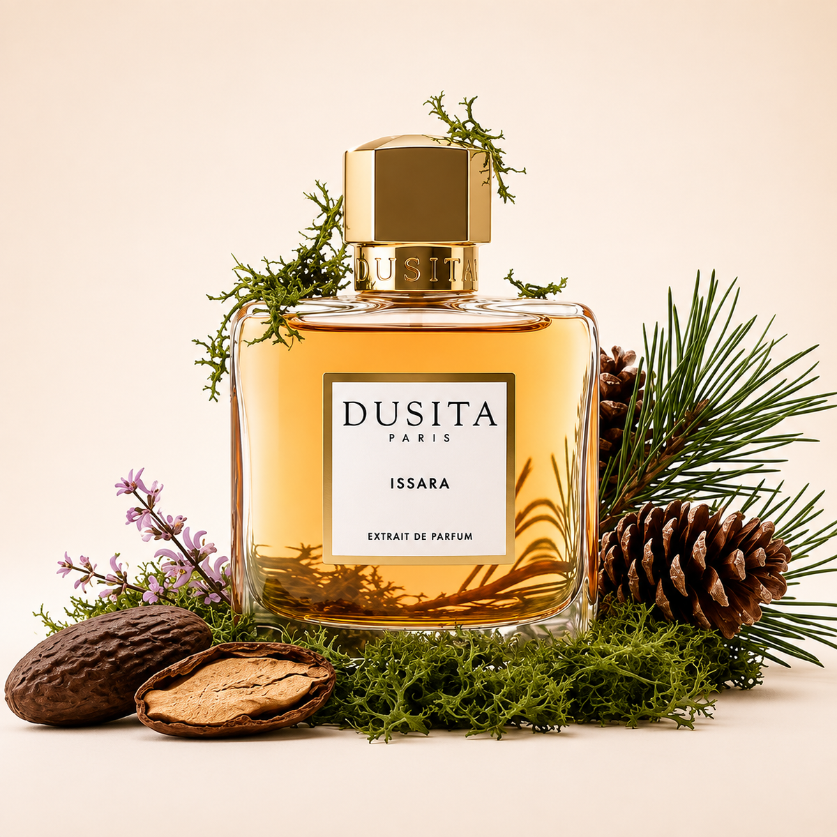 Dusita Paris Issara entouré de mousse de chêne, pommes de pin, aiguilles de pin et fève tonka