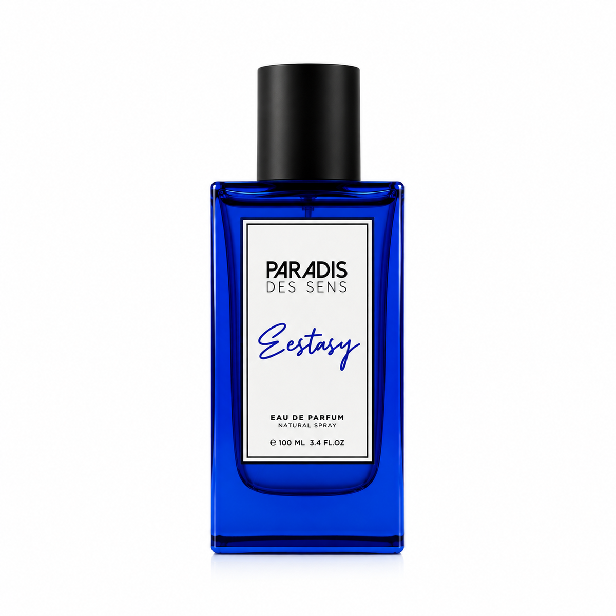 Ecstasy de Paradis des Sens, eau de parfum 100 ml, flacon bleu de face sur fond blanc.