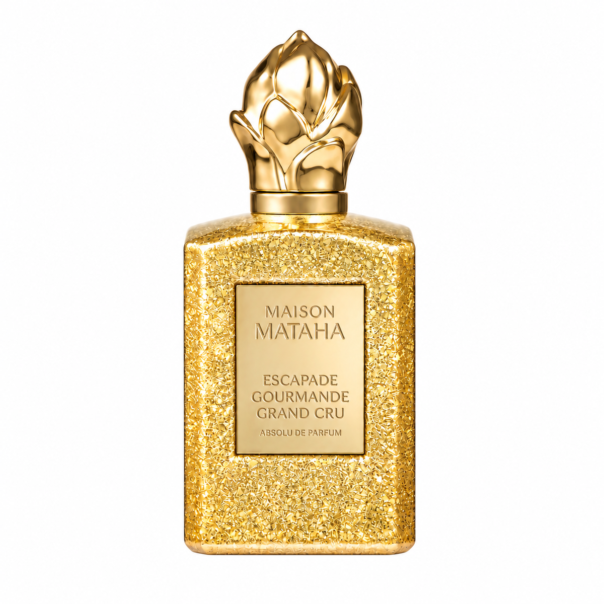 Escapade Gourmande Grand Cru de Maison Mataha, absolu de parfum 100 ml, flacon de face sur fond blanc.