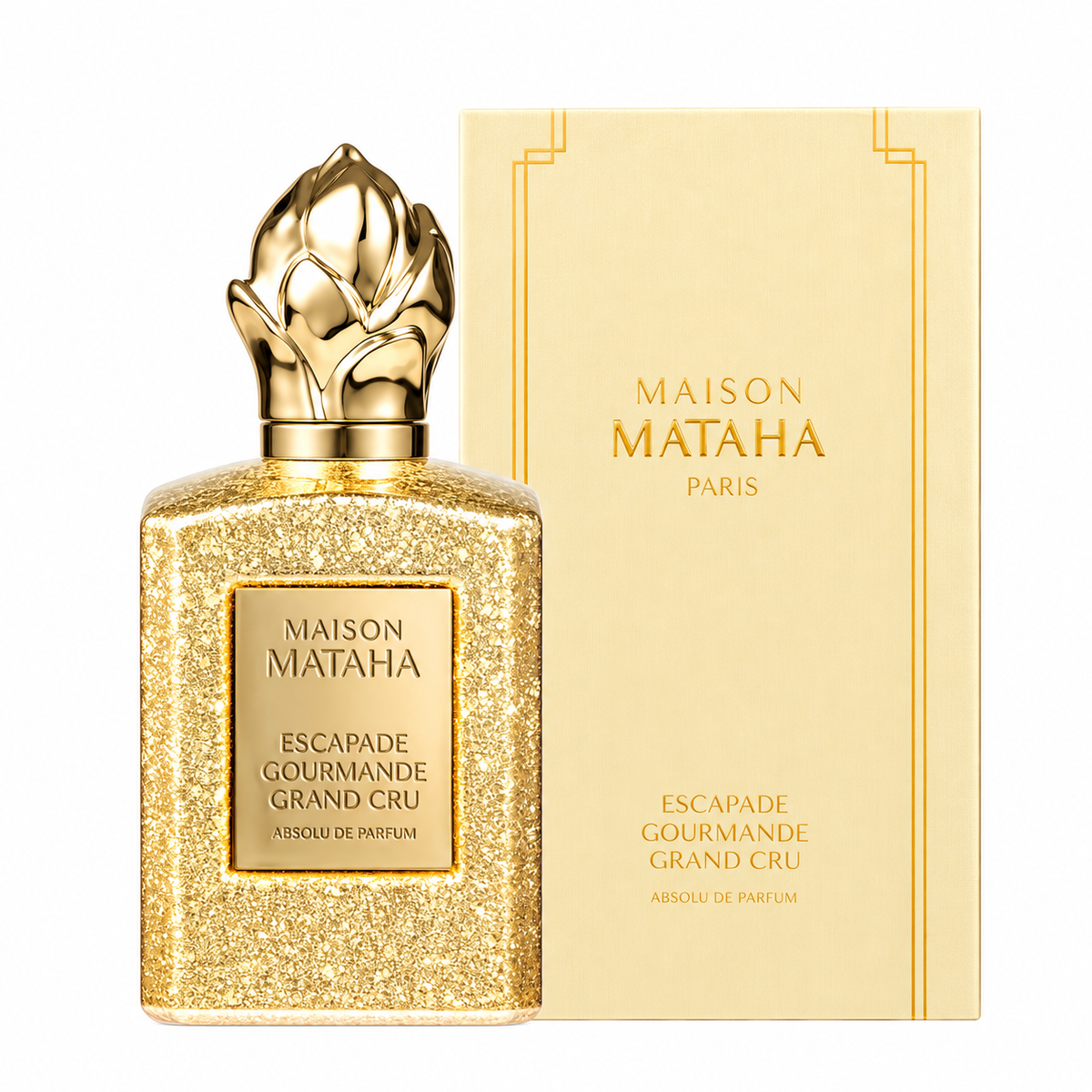 Escapade Gourmande Grand Cru de Maison Mataha, absolu de parfum 100 ml, flacon et coffret sur fond blanc.