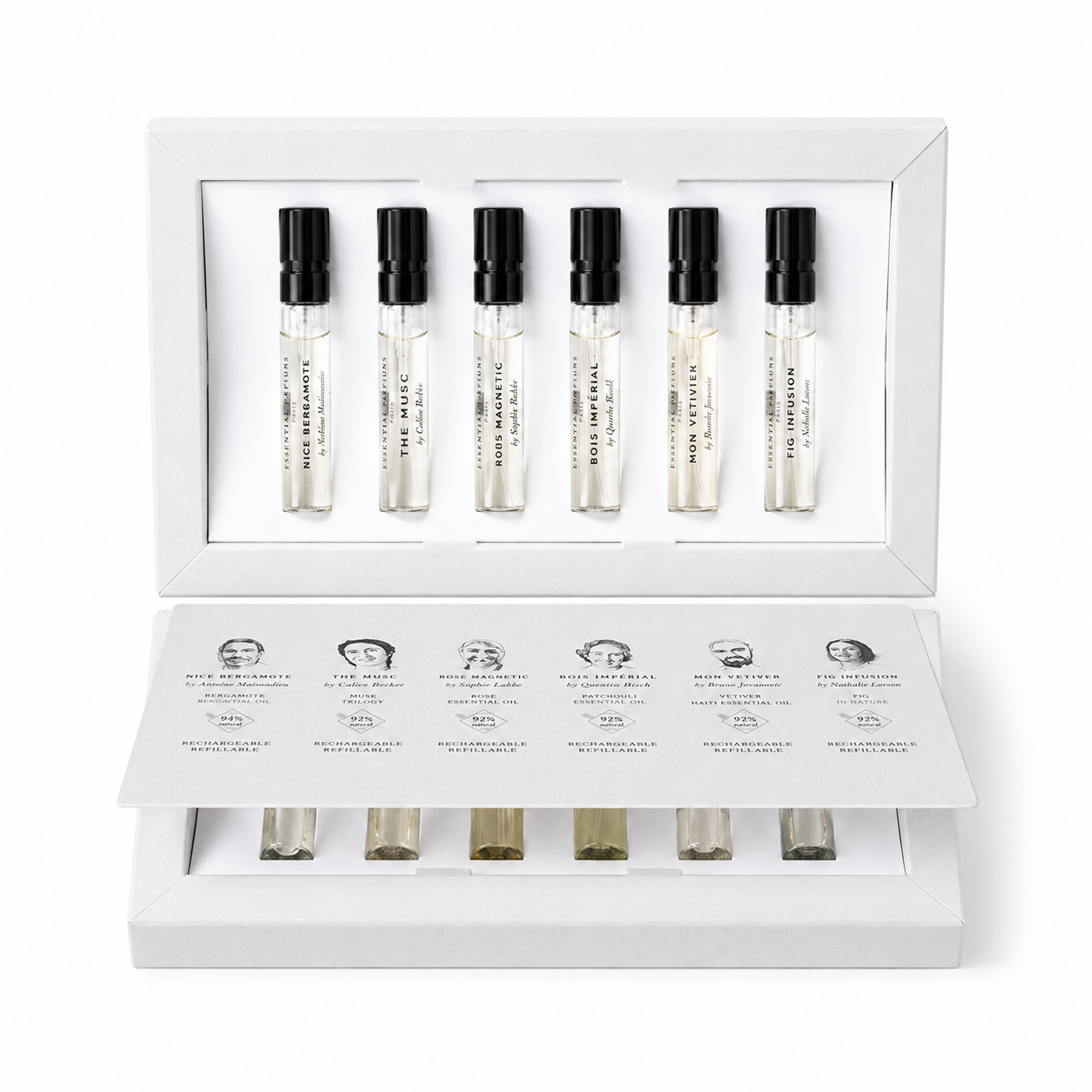 Coffret Découverte Essential Parfums ouvert avec 12 échantillons spray de 2 ml présentant l'ensemble de la collection de parfums de niche.