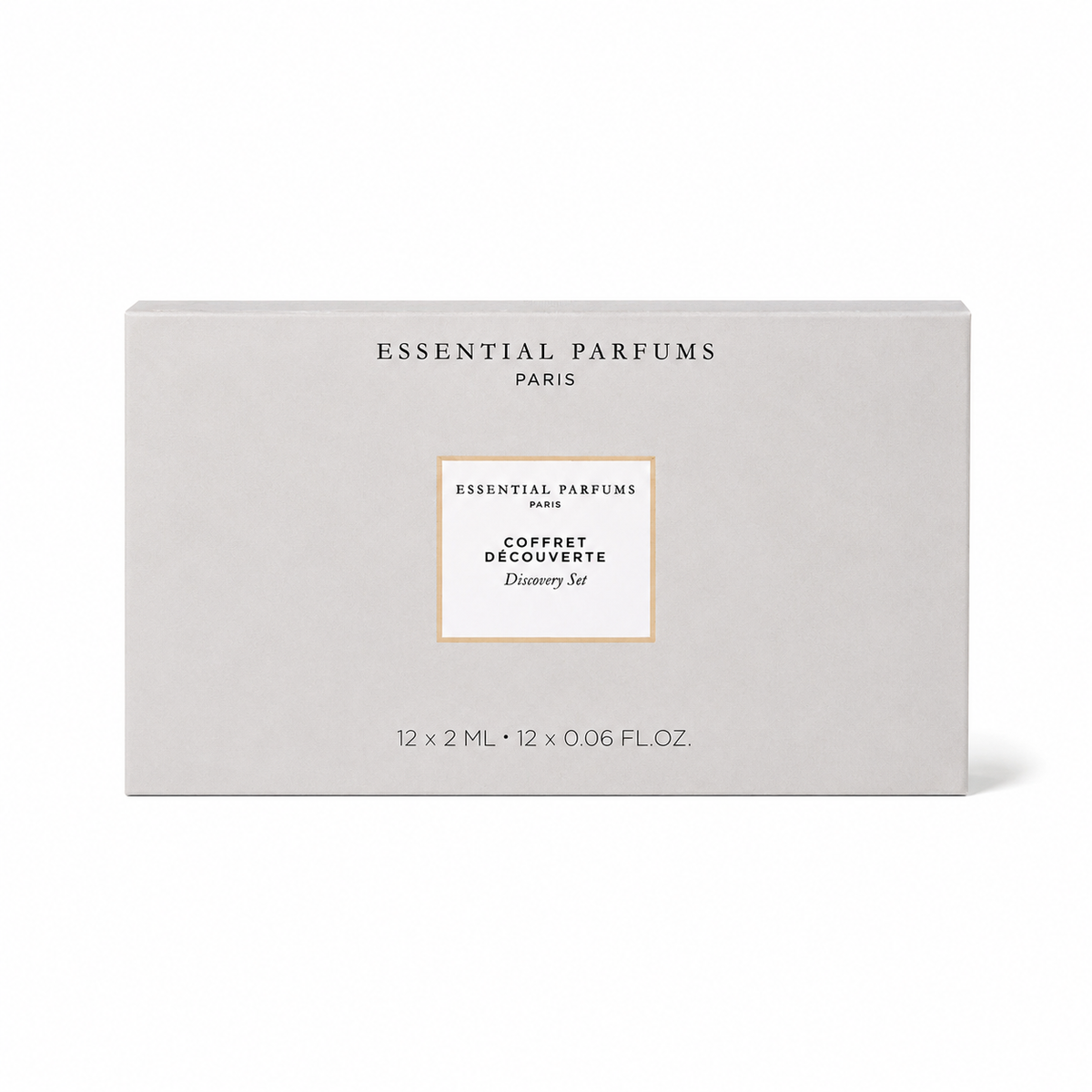 Coffret Découverte Essential Parfums 12 × 2 ml, boîte de face sur fond blanc, contenant 12 échantillons de parfums de niche.