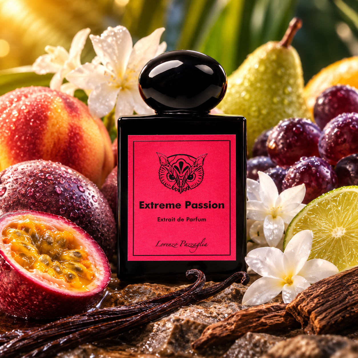 Extreme Passion de Lorenzo Pazzaglia, extrait de parfum 50 ml, flacon en ambiance tropicale avec fruit de la passion, pêche, poire, raisin, fleurs blanches et vanille.