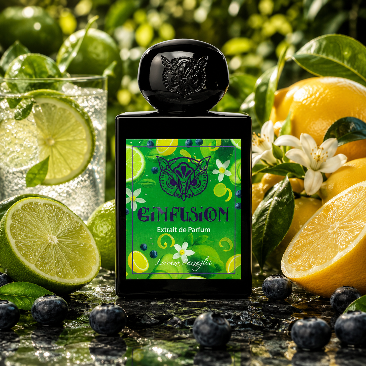 Gin Fusion de Lorenzo Pazzaglia, extrait de parfum 50 ml, flacon en ambiance avec citron, citron vert, baies de genièvre, fleurs blanches et verre de gin tonic.