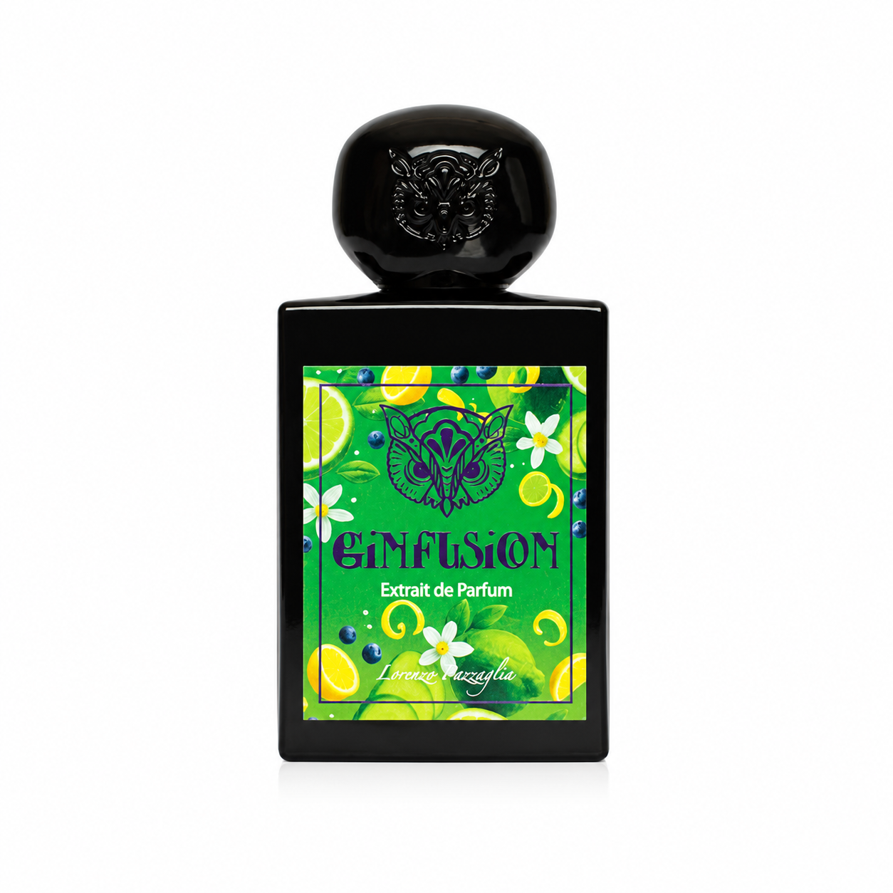 Gin Fusion de Lorenzo Pazzaglia, extrait de parfum 50 ml, flacon de face sur fond blanc.