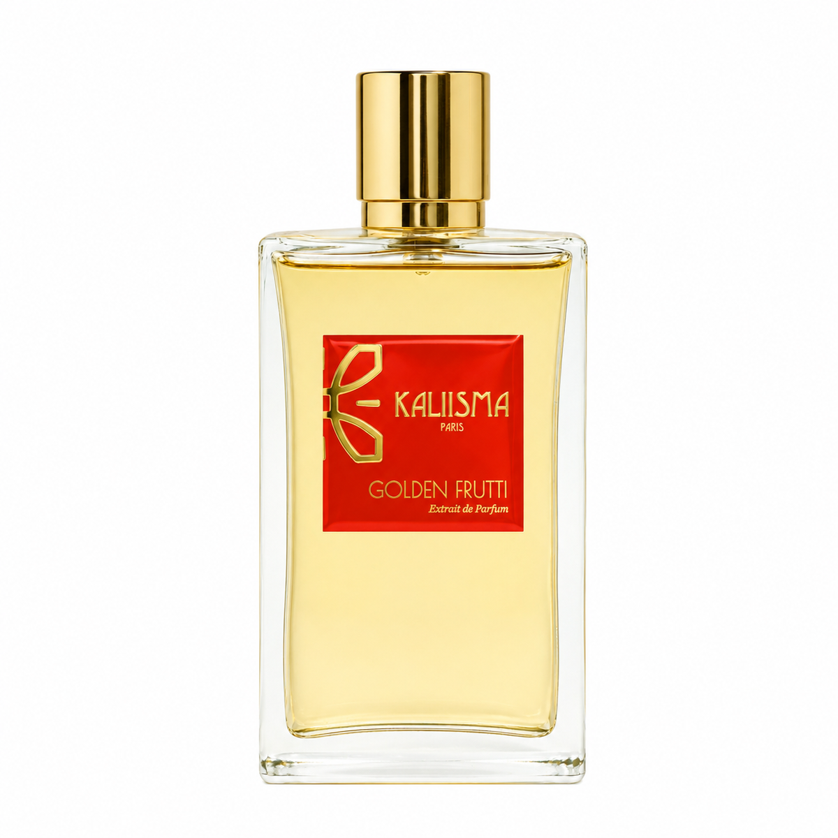 Golden Frutti de Kaliisma Paris, extrait de parfum 100 ml, flacon de face sur fond blanc.