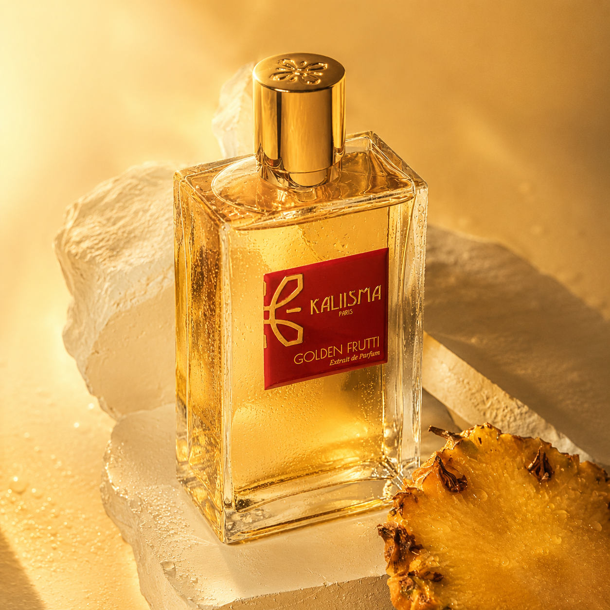 Golden Frutti de Kaliisma Paris, extrait de parfum 100 ml, mise en scène artistique avec un ananas.