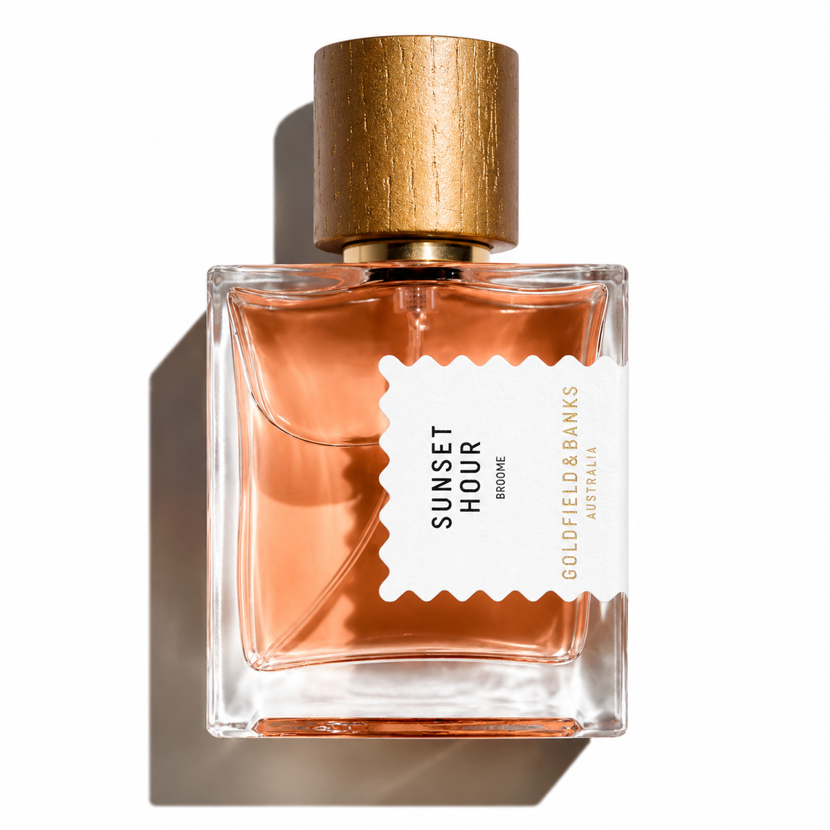 Sunset Hour de Goldfield & Banks, eau de parfum 50 ml, flacon de face sur fond blanc.