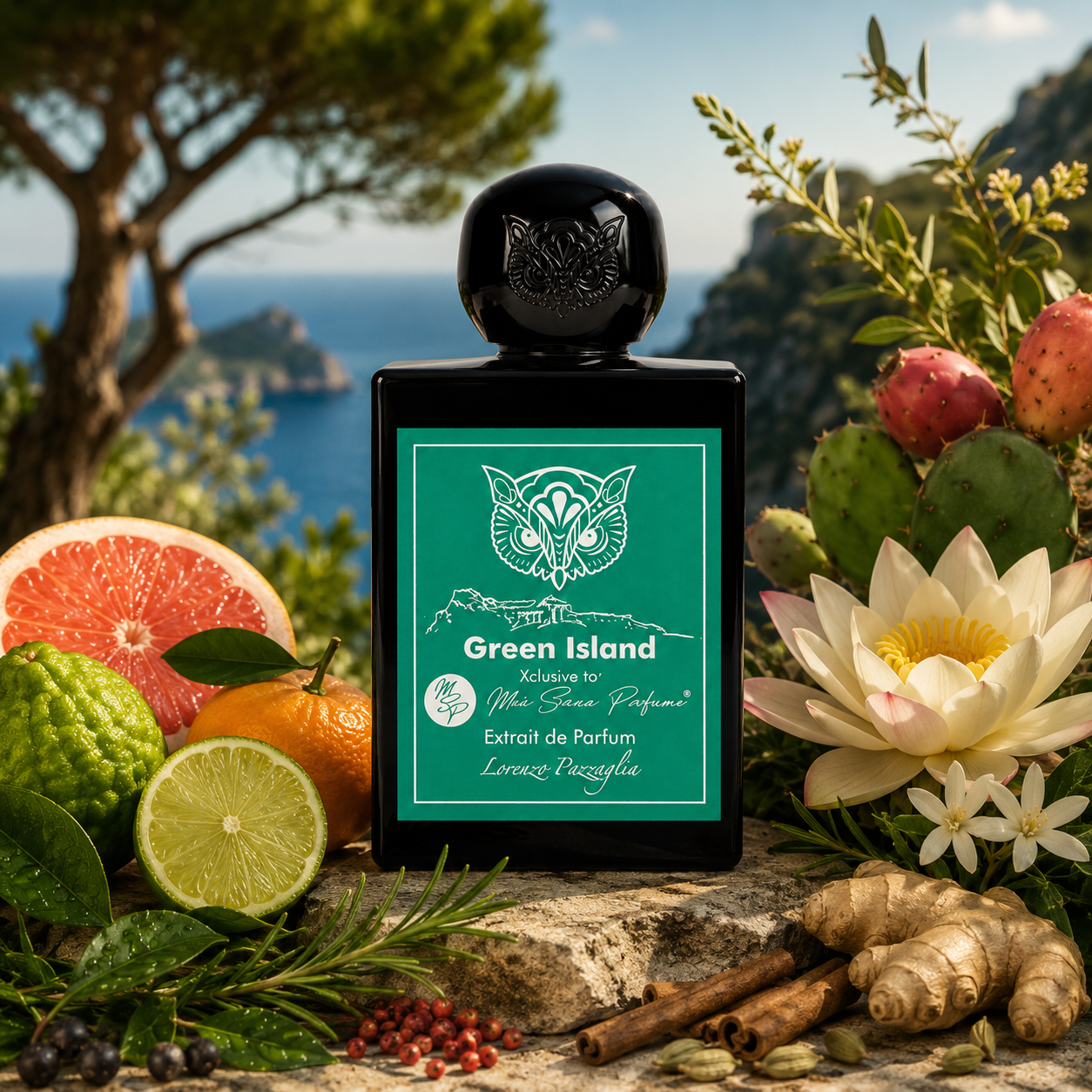 Green Island de Lorenzo Pazzaglia, extrait de parfum 50 ml, flacon en ambiance photoréaliste au cœur d'un paysage méditerranéen avec agrumes, figue de Barbarie, fleurs de lotus, herbes aromatiques et vue sur la mer.