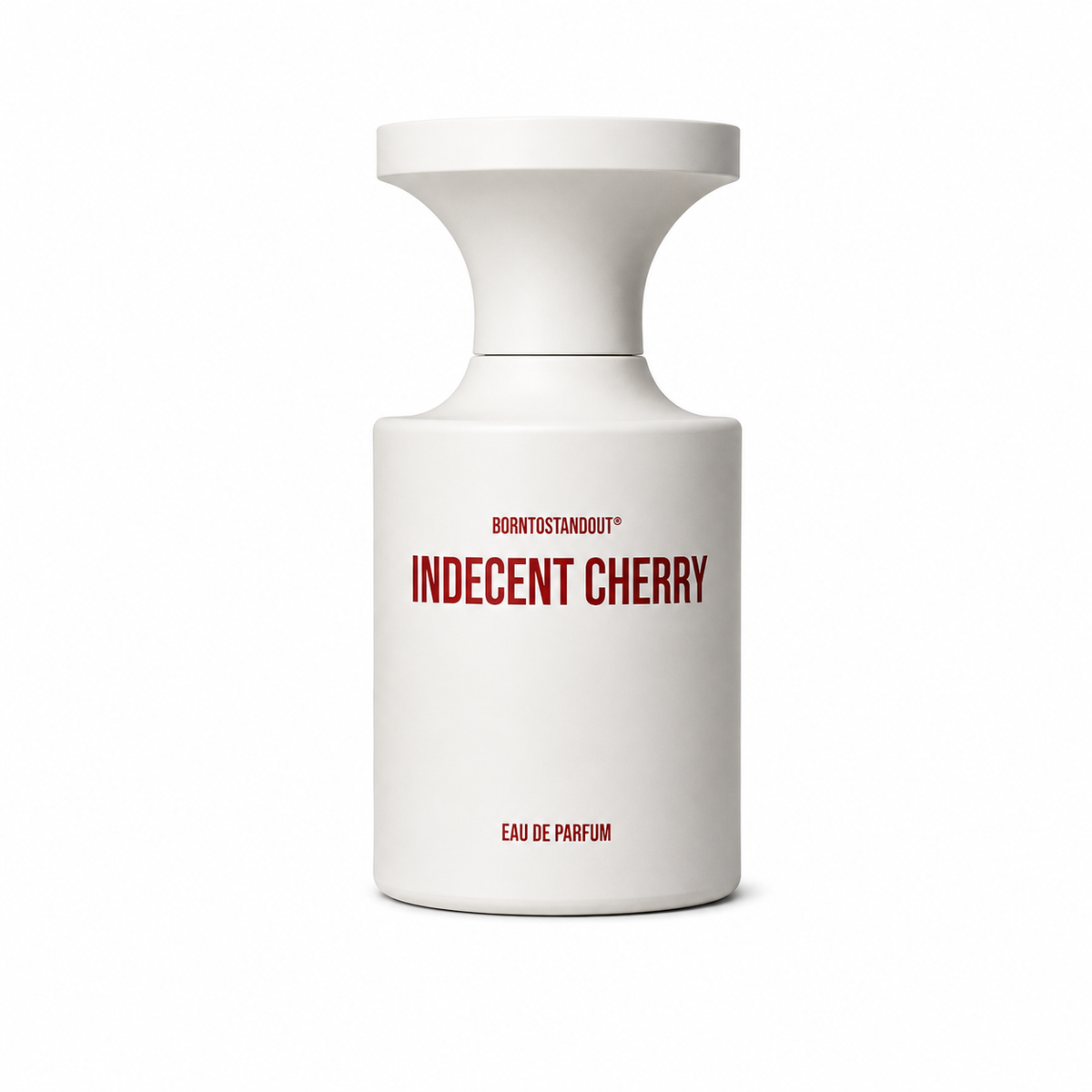 Indecent Cherry de Borntostandout, eau de parfum 50 ml, flacon de face sur fond blanc.