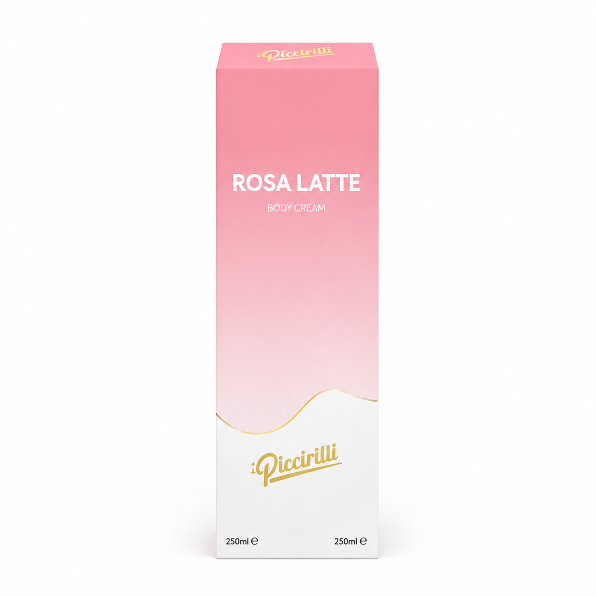 Crème corporelle Rosa Latte d'iPiccirilli, 250 ml, pot et son étui sur fond blanc.