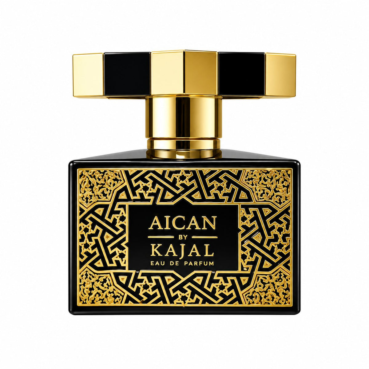 Äican de Kajal, eau de parfum 100 ml, flacon noir et or de face sur fond blanc.