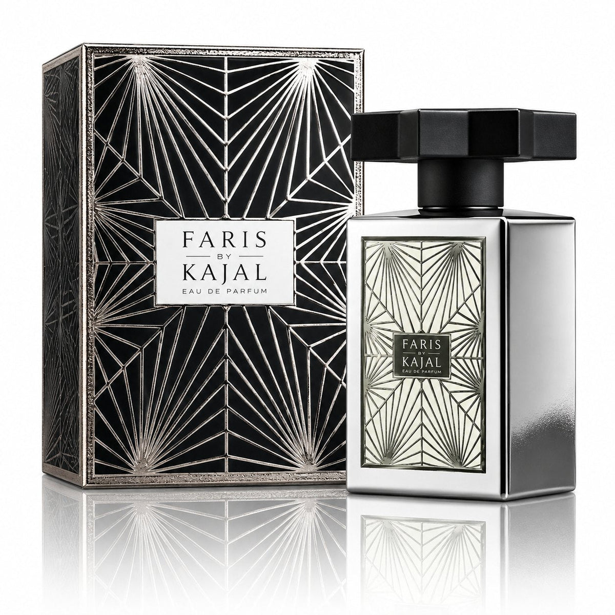 Faris de Kajal, eau de parfum 100 ml, flacon et son coffret noir et argent sur fond blanc.
