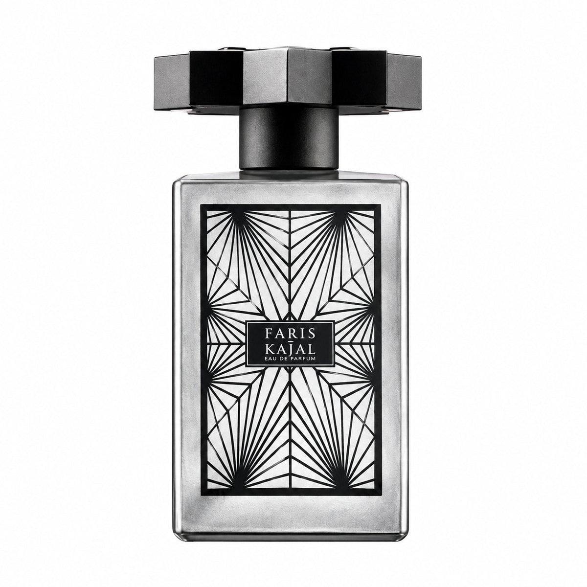 Faris de Kajal, eau de parfum 100 ml, flacon argenté de face sur fond blanc.