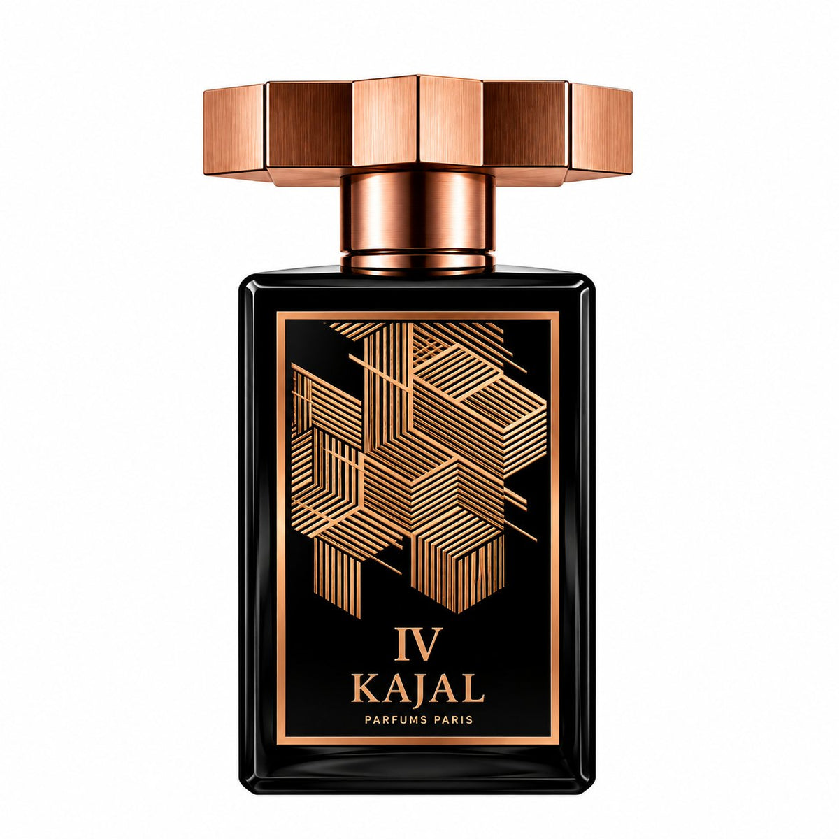 Kajal IV, eau de parfum 100 ml, flacon noir et cuivre de face sur fond blanc.