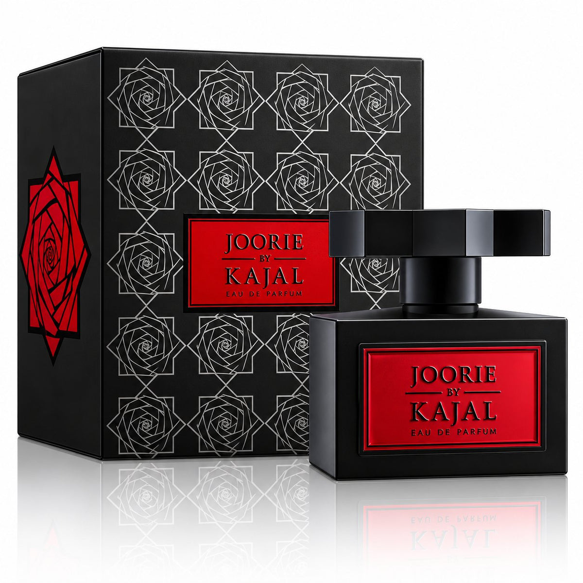 Joorie de Kajal, eau de parfum 100 ml, flacon et son coffret noir à motif de roses sur fond blanc.