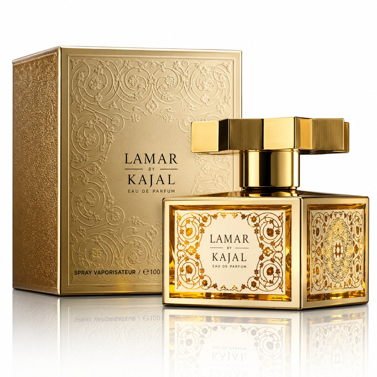 Lamar de Kajal, eau de parfum 100 ml, flacon et son coffret doré sur fond blanc.