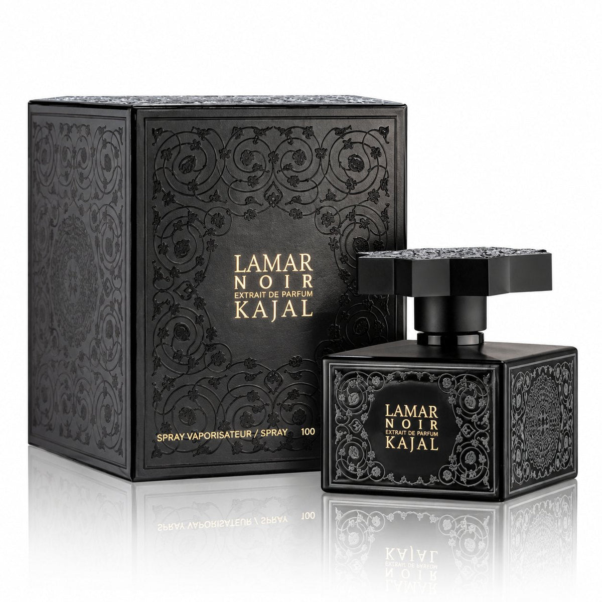 Lamar Noir de Kajal, extrait de parfum 100 ml, flacon et son coffret noir sur fond blanc.