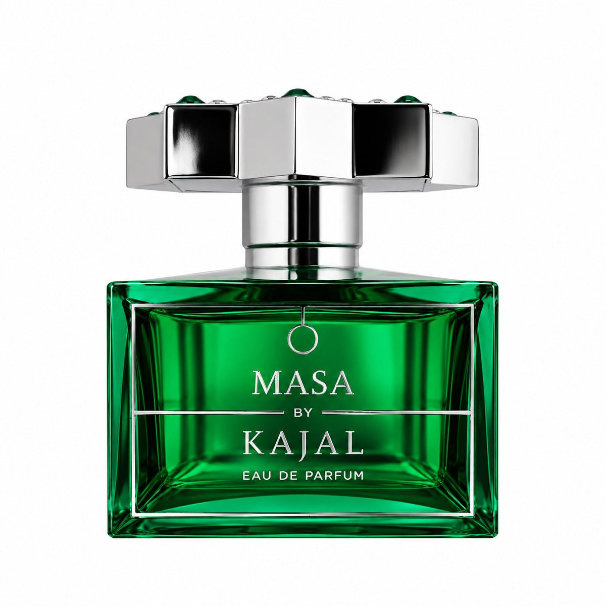 Masa de Kajal, eau de parfum 100 ml, flacon vert de face sur fond blanc.