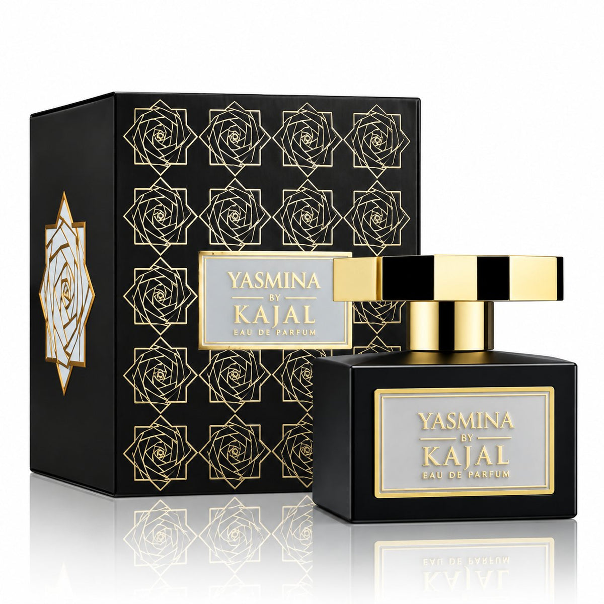 Yasmina de Kajal, eau de parfum 100 ml, flacon et son coffret noir et or sur fond blanc.