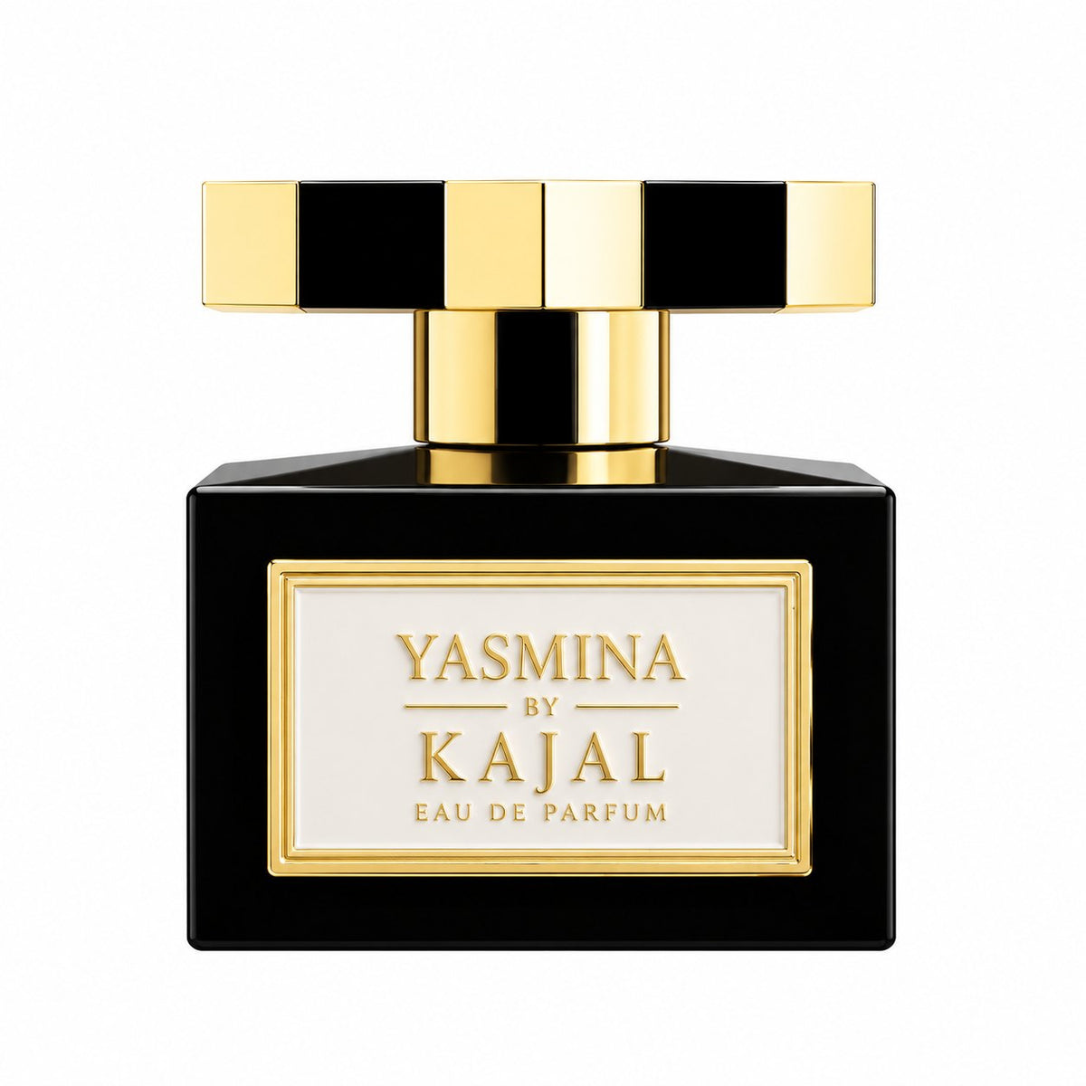 Yasmina de Kajal, eau de parfum 100 ml, flacon noir et or de face sur fond blanc.