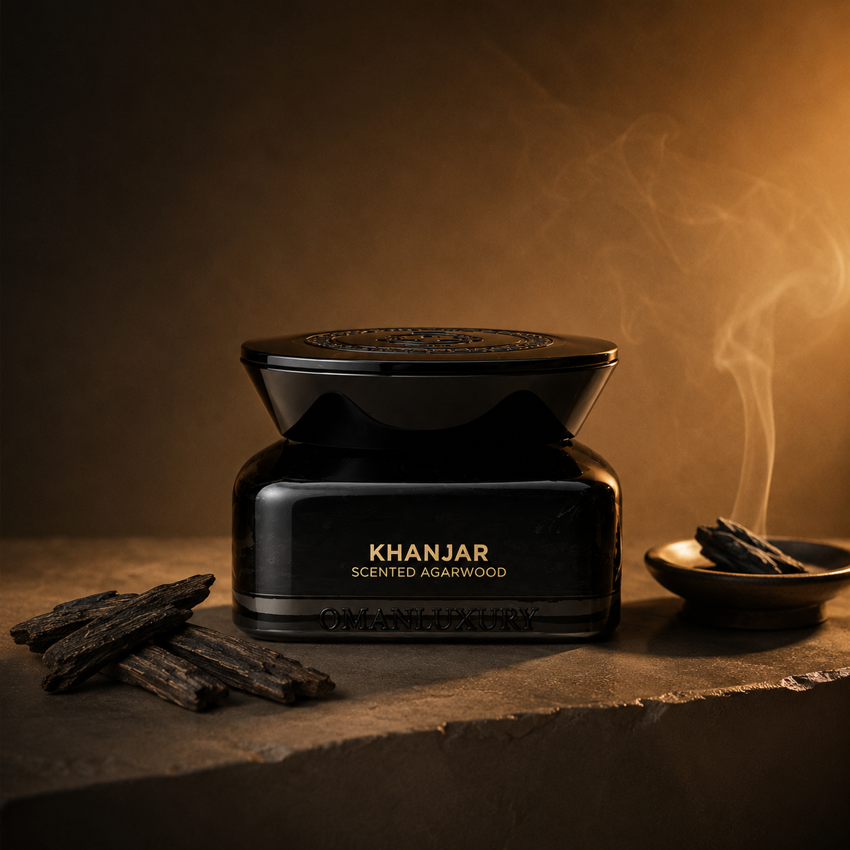 Khanjar Scented Agarwood by Oman Luxury boîte d'encens avec bois d'agar et coupelle d'encens sur fond chaleureux