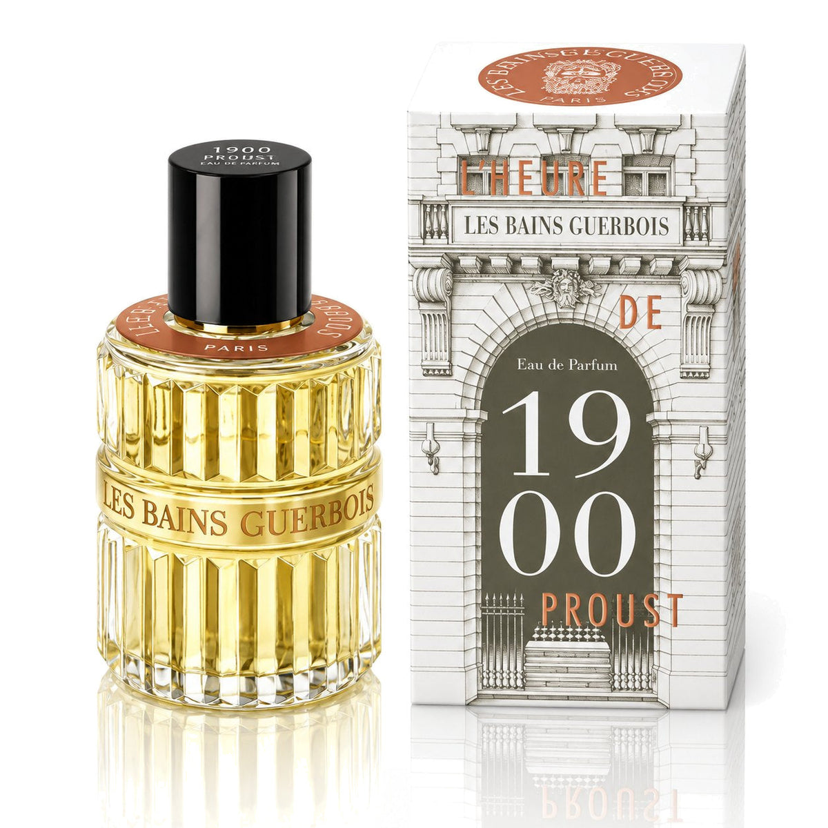 1900 L'Heure de Proust de Les Bains Guerbois, eau de parfum 100 ml, flacon et coffret sur fond blanc.
