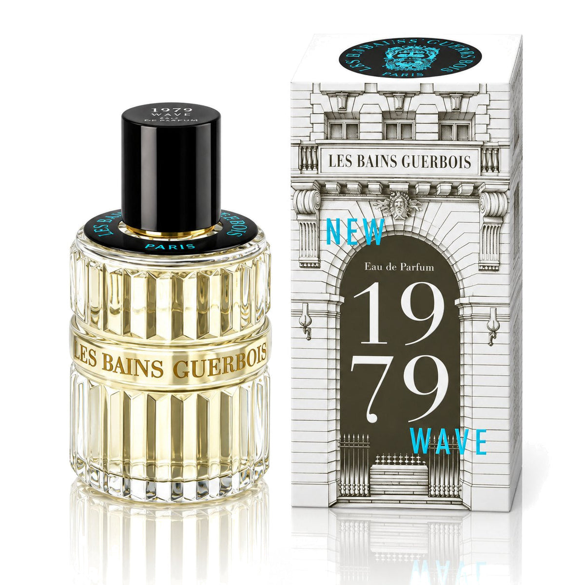 1979 New Wave de Les Bains Guerbois, eau de parfum 100 ml, flacon et coffret sur fond blanc.