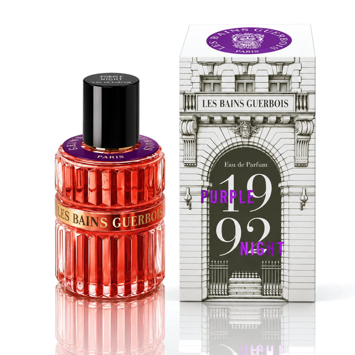1992 Purple Night de Les Bains Guerbois, eau de parfum 100 ml, flacon et coffret sur fond blanc.