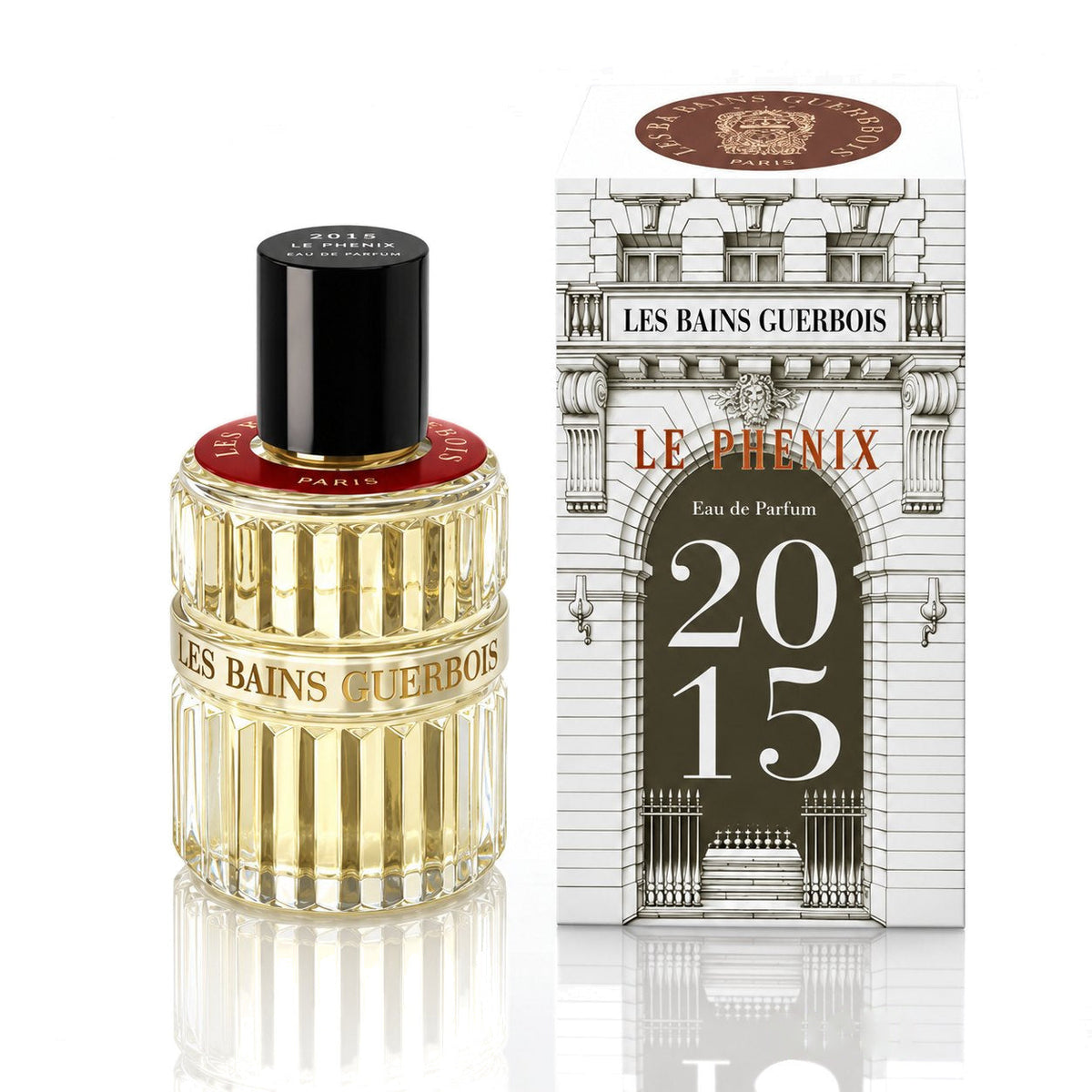 2015 Le Phénix de Les Bains Guerbois, eau de parfum 100 ml, flacon et coffret sur fond blanc.