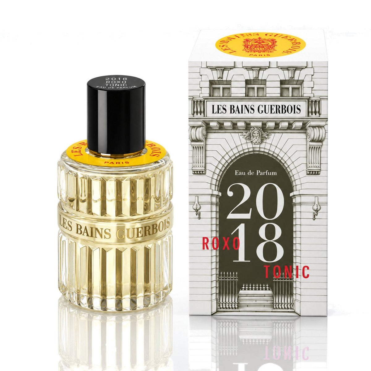 2018 Roxo Tonic de Les Bains Guerbois, eau de parfum, flacon et coffret sur fond blanc.