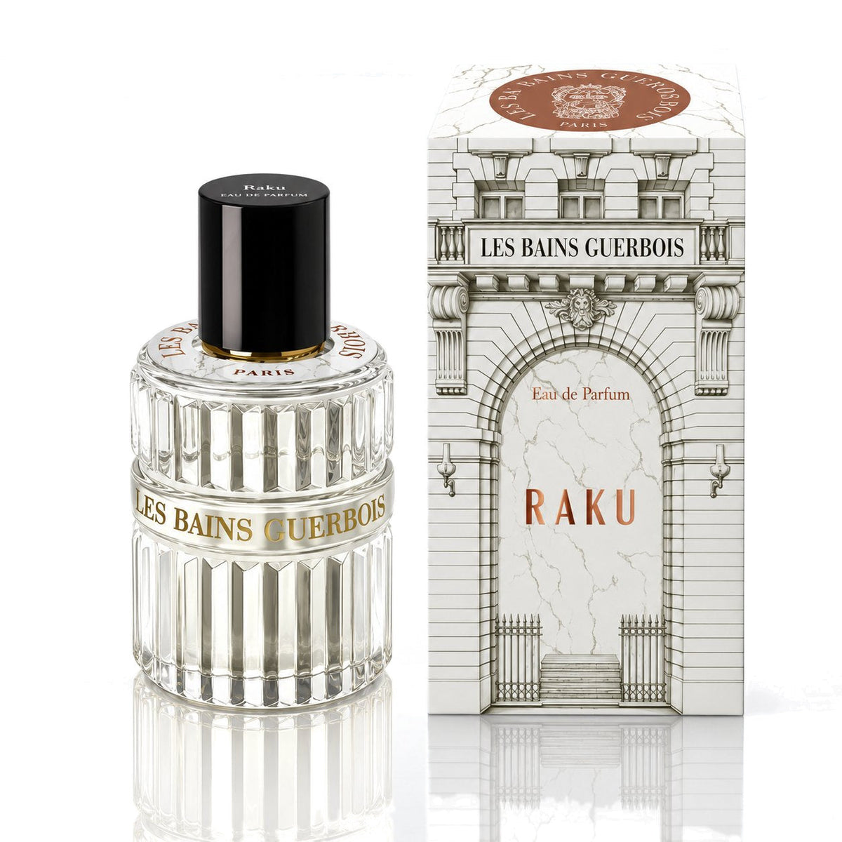 Raku de Les Bains Guerbois, eau de parfum 100 ml, flacon et coffret sur fond blanc.
