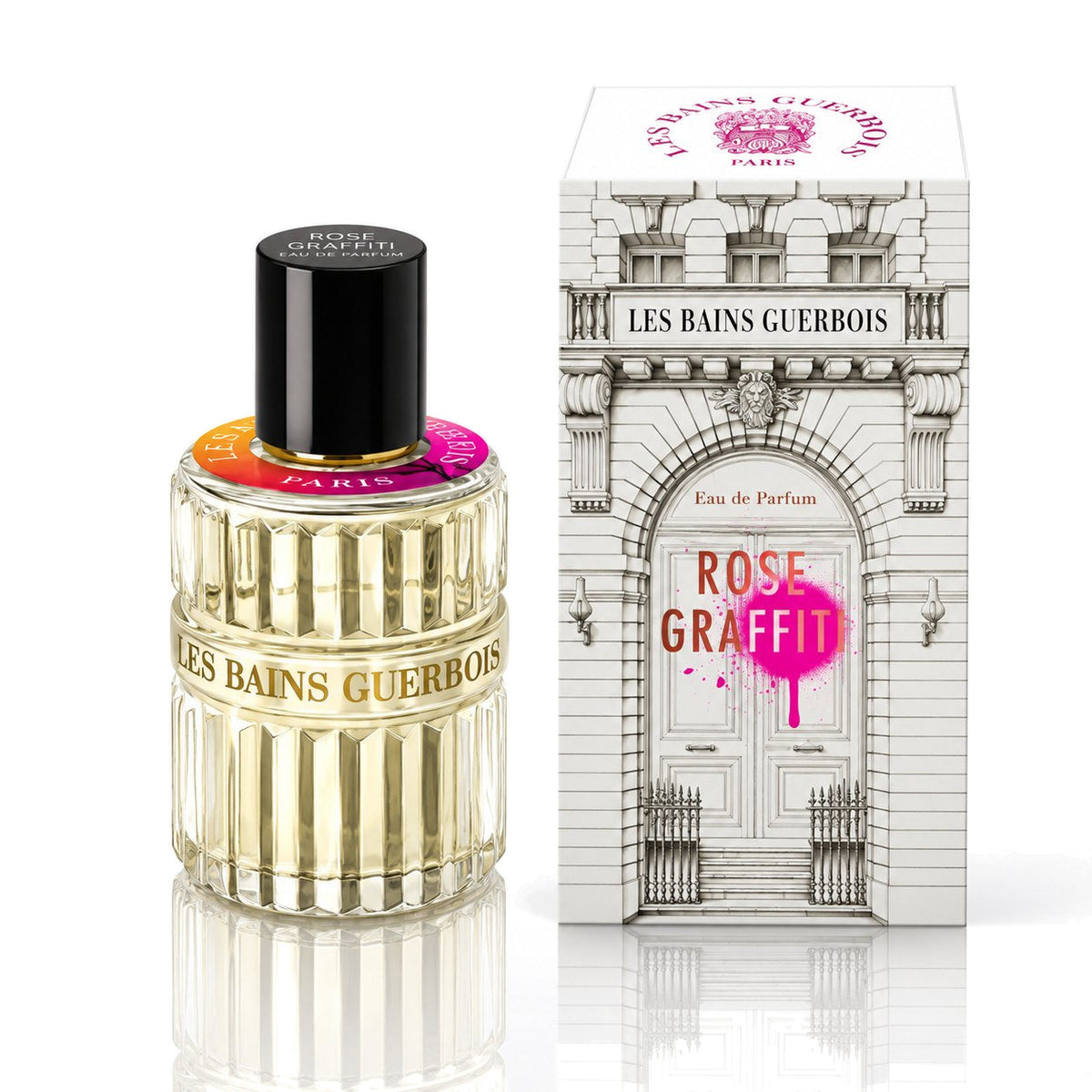 Rose Graffiti de Les Bains Guerbois, eau de parfum 100 ml, flacon et coffret sur fond blanc.